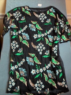 Zara Embroidered Black Floral Mesh Top or mini dress - Green/Teal  Size M